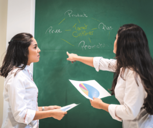 Business partners talking about target market customers