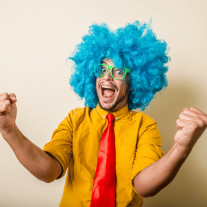 Crazy person with a blue wig. Need to show your character when being assest for money